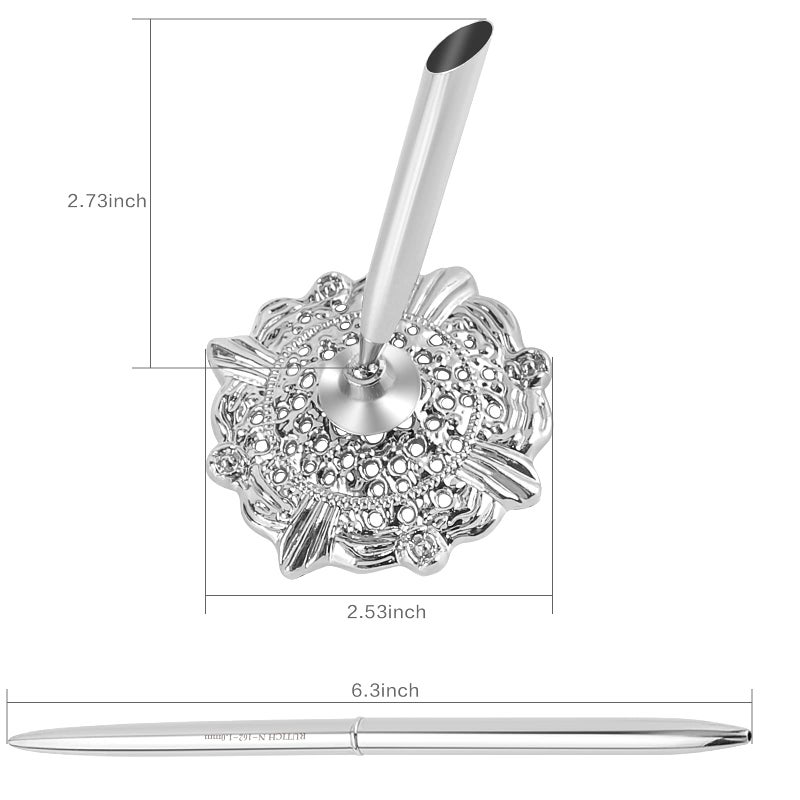 RUTICH Hollow Round Pen Holder Signing Pen Set for Wedding Bridal Engagement Valentine's Day Favors,Silver 2 Pcsâ€¦ - Image 2
